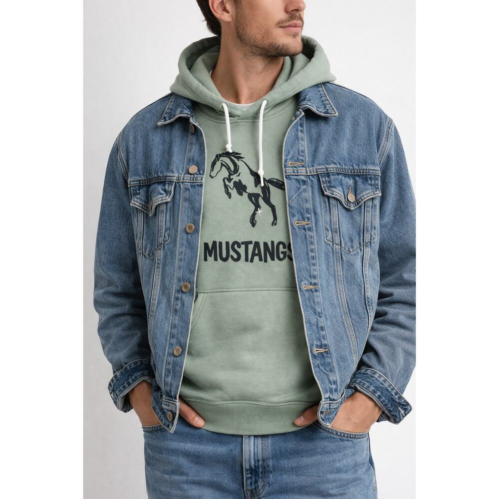 VTG 70s Mustang Mascot Hoodie Green Size L Collegiate Graphic Sweatshirt Unisex - Picture 6 of 6